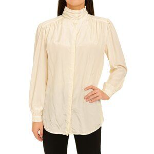 Vintage 80s Cream Satin High Neck Blouse Secretary Top Button Up Retro Sz 14